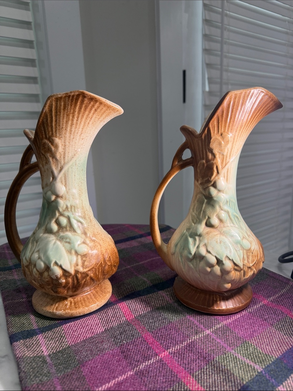 Pair Vintage McCoy Pottery Grape Leaf Ewer Pitcher Vases 9” USA